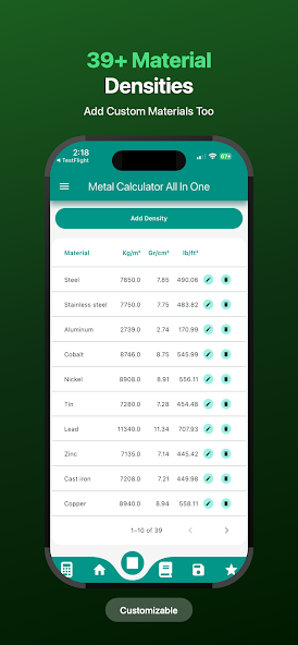 Metal Calculator A1 PRO density table listing steel, stainless steel, aluminium, cobalt, nickel, tin, lead, zinc, cast iron and copper in kg per cubic metre, g per cubic centimetre and lb per cubic foot