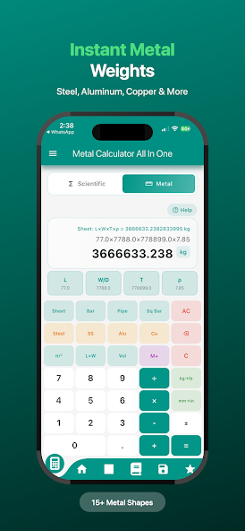 Metal Calculator A1 PRO showing an instant sheet weight calculation with the formula displayed above the result