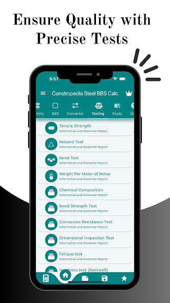 Steel BBS Calculator A1 PRO testing section listing tensile strength, rebend, bend, weight per metre, chemical composition, bond strength, corrosion resistance, dimensional inspection, fatigue and hardness tests